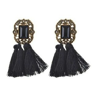 Black fringe tassel rhinestone earrings